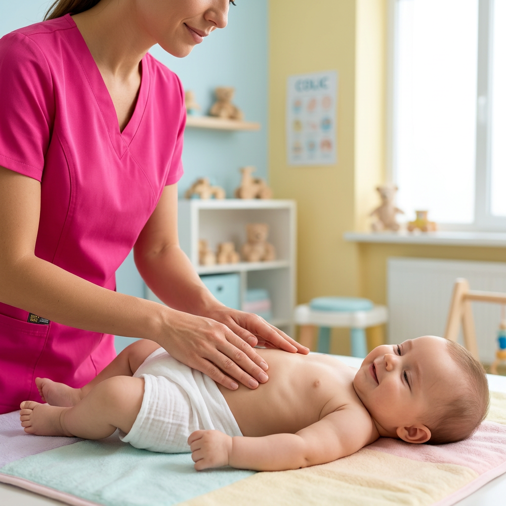 Fisioterapeuta pediátrica aplicando técnicas suaves a un bebé