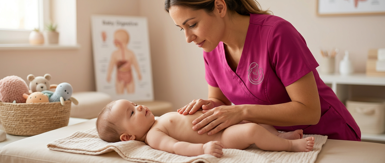 Fisioterapeuta pediátrica realizando una valoración digestiva a un bebé