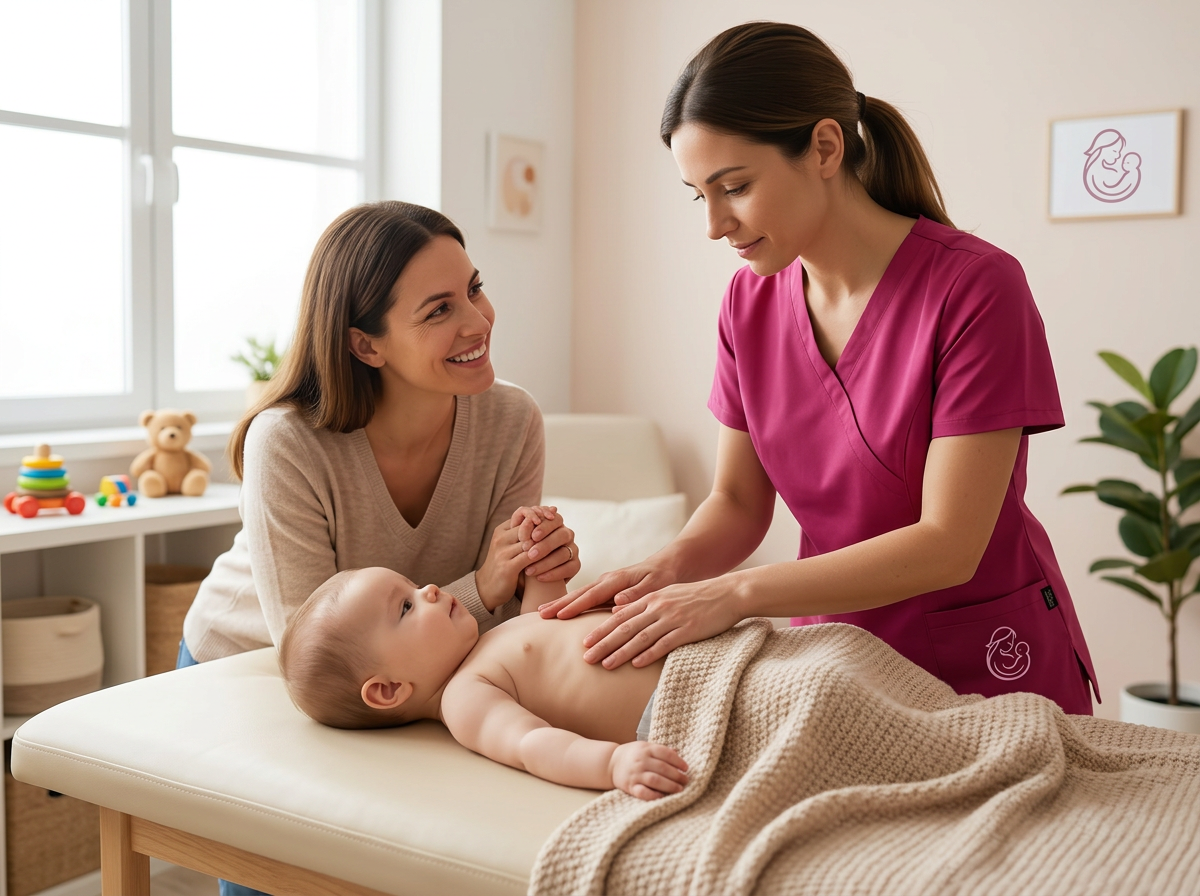 Fisioterapeuta explicando pautas respiratorias a una familia